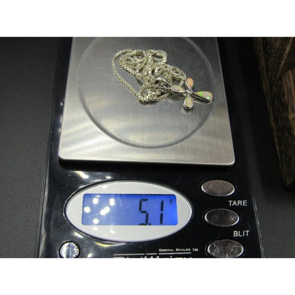 20" Sterling Silver Small Opal Cross Pendant Necklace Vintage Minimalist - Picture 7 of 7